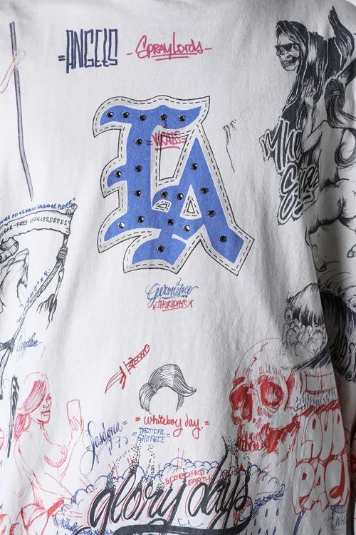 SAINT Mxxxxxx × BORNXRAISED BR_LS TEE/LA/WHT Latest co-branded model LA diamond all-over long sleeves off-white S-XL Super heavy work started in February and lasted three months Super complex 36 sets of screens Outlined pictures make you doubt your life Super perfect reproduction of printing Genuine Czech diamonds Pressure-free reproduction